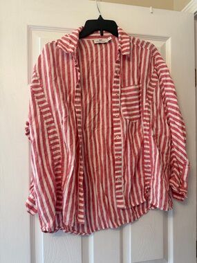 Red and White Striped Button-Up Shirt